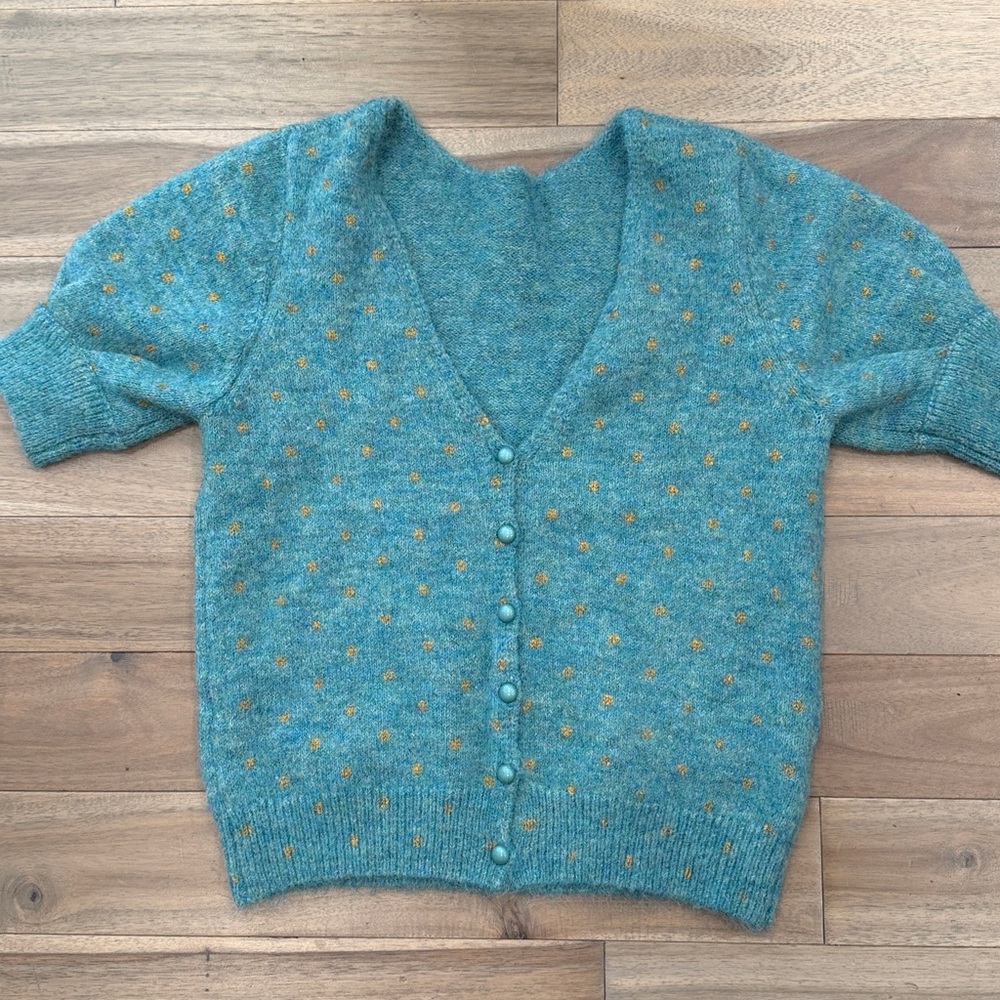 Blue Teal Cardigan with gold Yellow Dots 3 for $20